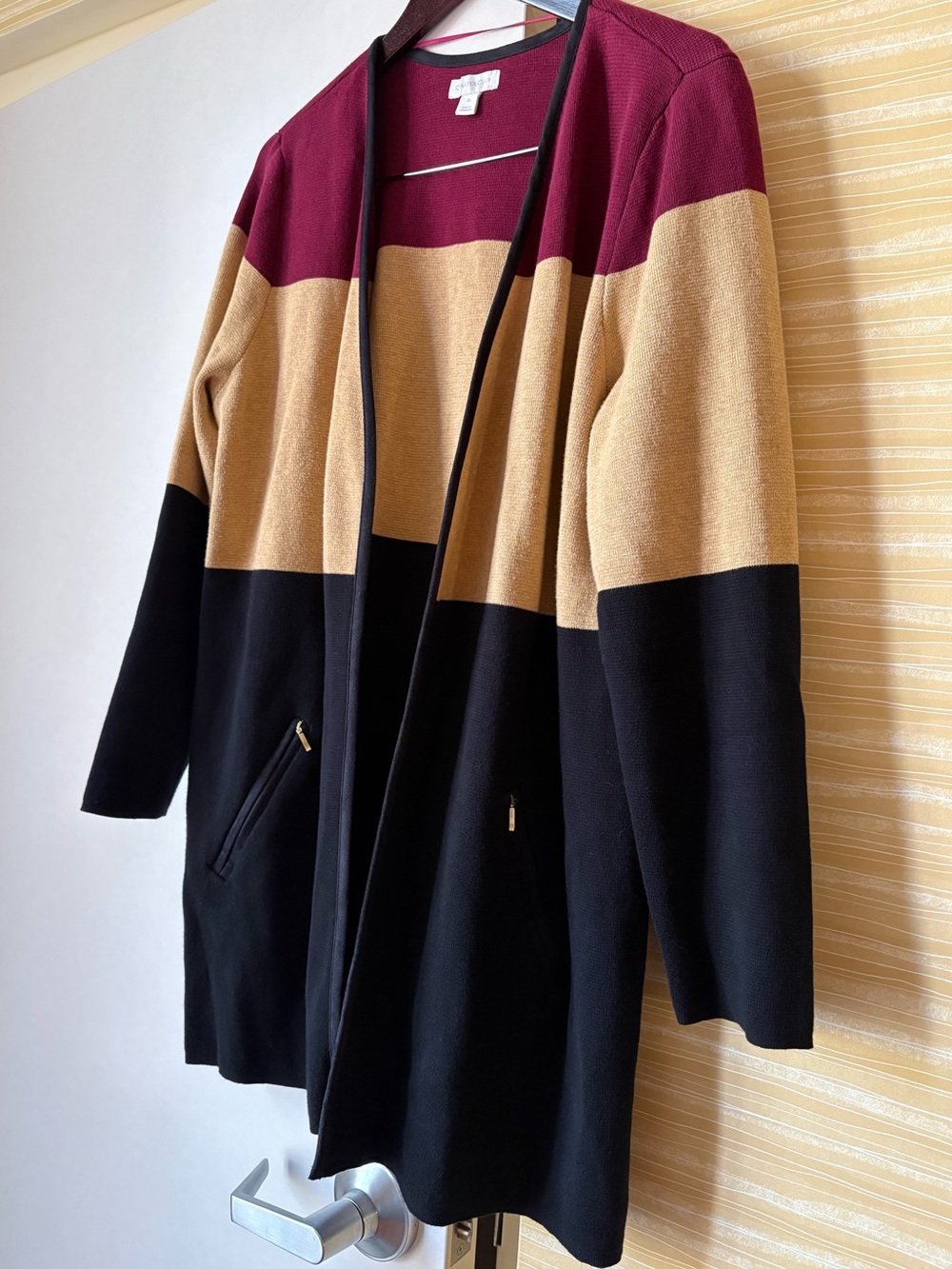 Charter Club Colorblock Open Cardigan — Burgundy, Camel & Black